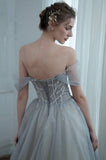 solvbao Gray Tulle Beaded Long Prom Dress, A-Line Off the Shoulder Evening Dress