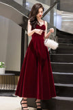 solvbao Burgundy Velvet A-Line Prom Dresses, Burgundy Evening Dresses