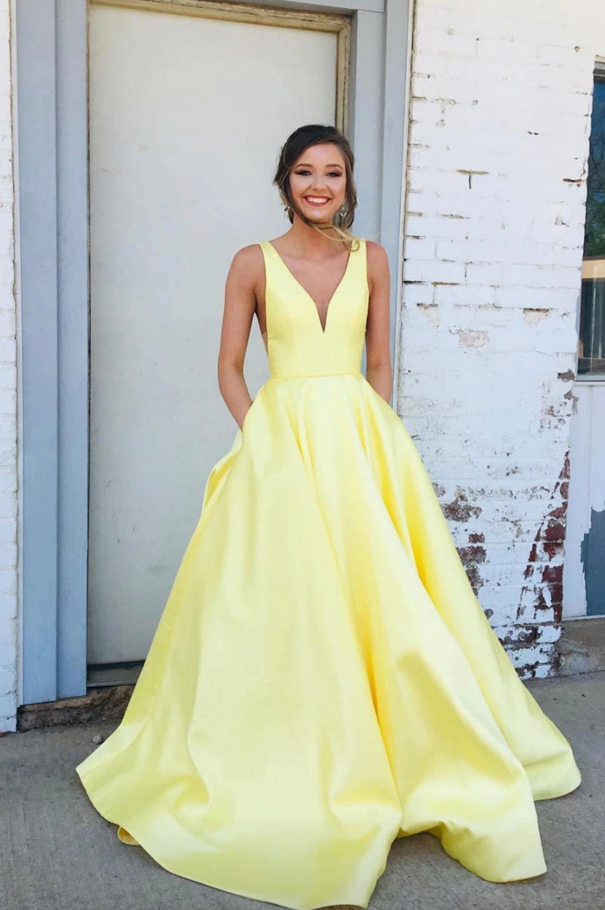 solvbao Yellow V-Neck Satin Long Prom Dresses, A-Line Evening Dresses