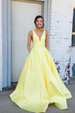 solvbao Yellow V-Neck Satin Long Prom Dresses, A-Line Evening Dresses