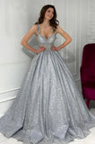 solvbao Gray Sequins Long Senior Prom Dress, A-Line Evening Party Dress