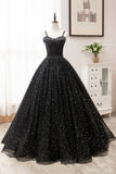 solvbao Black Tulle Long A-Line Long Prom Dresses, Black Evening Party Dresses