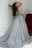 solvbao Gray Sequins Long Senior Prom Dress, A-Line Evening Party Dress