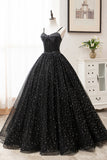 solvbao Black Tulle Long A-Line Long Prom Dresses, Black Evening Party Dresses