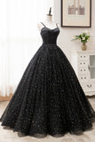 solvbao Black Tulle Long A-Line Long Prom Dresses, Black Evening Party Dresses