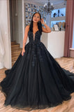 solvbao Black V-Neck Lace Long Ball Gown, A-Line Evening Party Dress