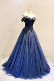 solvbao A-Line Tulle Beading Long Prom Dresses, Off the Shoulder Evening Dresses