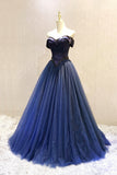 solvbao A-Line Tulle Beading Long Prom Dresses, Off the Shoulder Evening Dresses