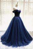 solvbao A-Line Tulle Beading Long Prom Dresses, Off the Shoulder Evening Dresses