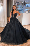 solvbao Black V-Neck Lace Long Ball Gown, A-Line Evening Party Dress