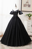 solvbao Black V-Neck Tulle Long Prom Dresses, A-Line Black Evening Dresses