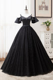 solvbao Black V-Neck Tulle Long Prom Dresses, A-Line Black Evening Dresses