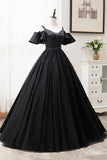 solvbao Black V-Neck Tulle Long Prom Dresses, A-Line Black Evening Dresses