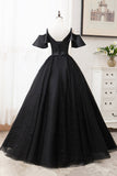 solvbao Black V-Neck Tulle Long Prom Dresses, A-Line Black Evening Dresses