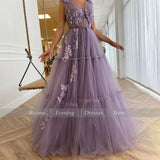 Solvbao V-Neck Purple Prom Dresses Sequin Appliques Exposed Boning A-Line Prom Gowns Sleeveless Tiered Tulle Formal Party Dresses