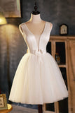 solvbao Champagne V-Neck Tulle Short Prom Dress, A-Line Evening Party Dress