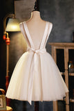 solvbao Champagne V-Neck Tulle Short Prom Dress, A-Line Evening Party Dress