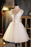 solvbao Champagne V-Neck Tulle Short Prom Dress, A-Line Evening Party Dress