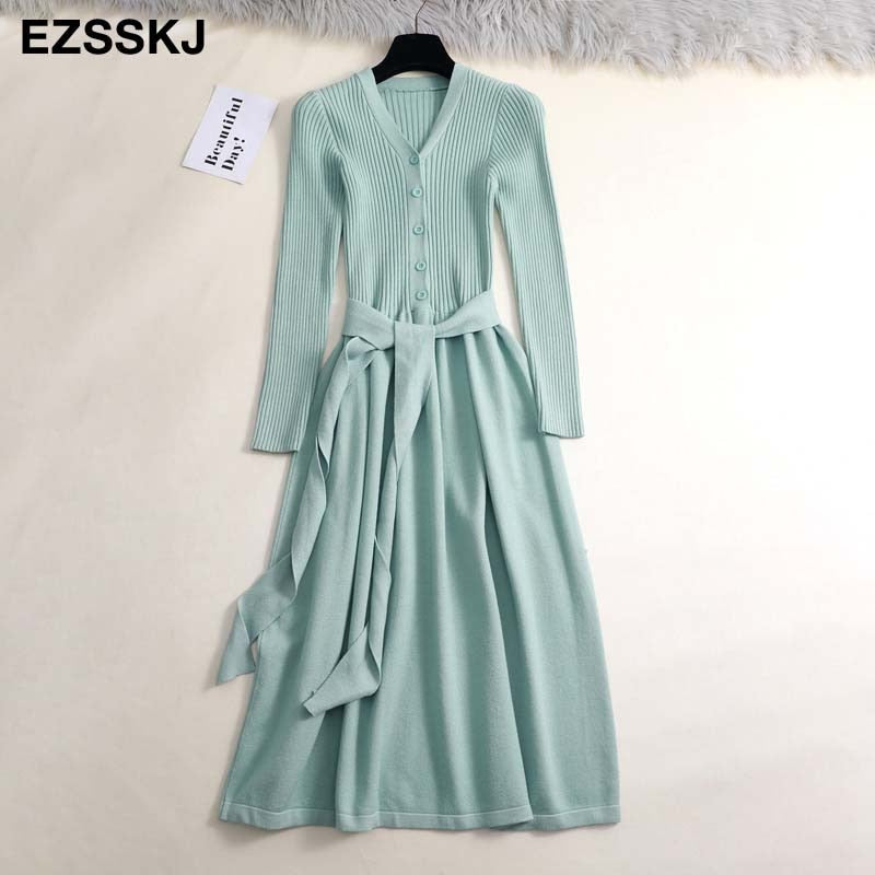 Christmas Gift autumn winter v-neck maxi sweater dress women OL female long sweater dress with belt elegant a-line solid slim dress