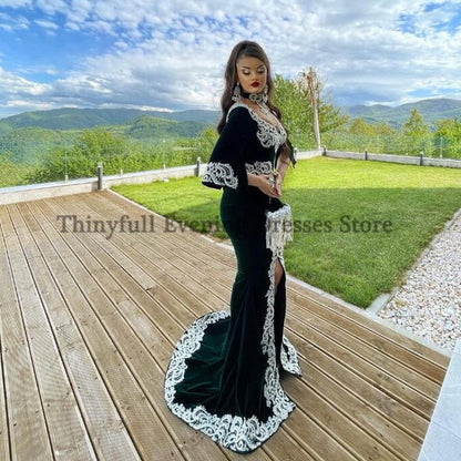 Black Moroccan Caftan Evening Dress Mermaid Velour Embroidery Half Sleeve Islamic Dubai Saudi Arabic Abaya Prom Dress