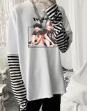 Black Friday Sales Rainbow Sleeve Harajuku T-Shirt Women's Stitching Long Sleeve T-Shirt Stripe Printing O-Neck Chic Tops  Summer Streetwear