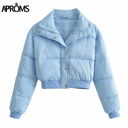 Christmas Gift Aproms Elegant Solid Color Cropped Puffer Jackets Women Winter Cotton Padded Soft Warm Coats Female High Fashion Outerwear