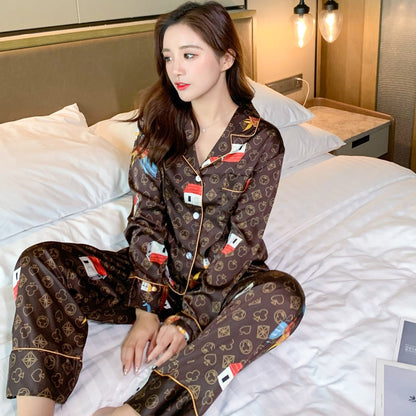 solvbao Women's Pajamas Set Luxury Style Cute Animal Print Sleepwear Silk Like Nightie Home Clothes Nightwear Pyjamas Femme