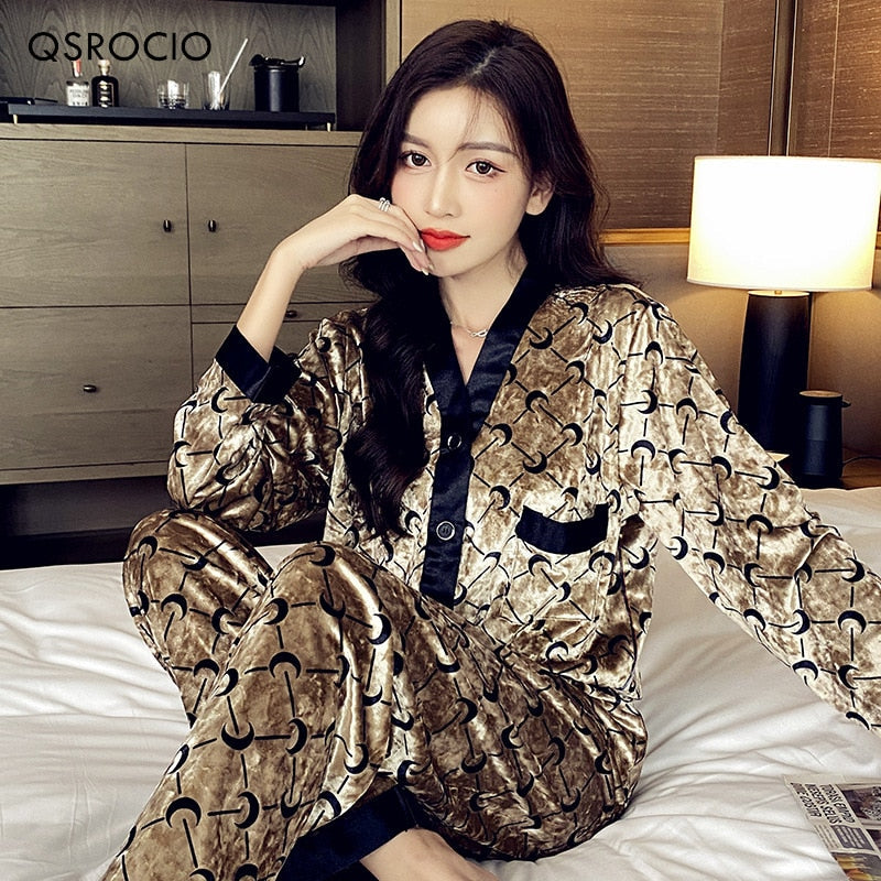 solvbao High Quality Women's Pajamas Set Luxury Style Sleepwear Silk Like Casual Homewear V Neck Nightwear Luxury Pyjamas New