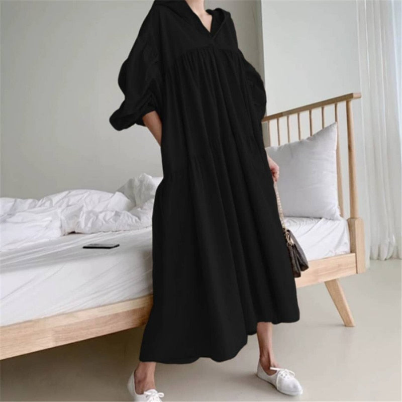 Christmas Gift  early spring simple solid cascading pleated hoodies down solid long dress simple classic retro temreprament dress  new