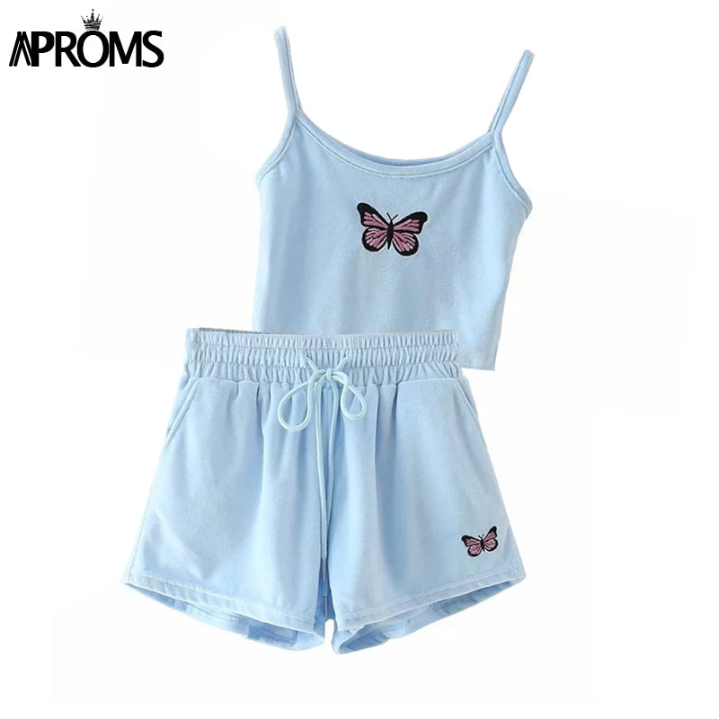 Christmas Gift Aproms Yellow Velvet Crop Top and Shorts Women 2 Pieces Set Summer Embroidery Cami Drawstring Shorts Female Loungewear Suit