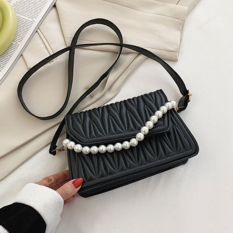 solvbao BACK TO COLLEGE    Pearl Chain Strap Handbags For Women Designer Pu Leather Shoulder Bag Plaid Simple Female Crossbody Bag Small Square Bag