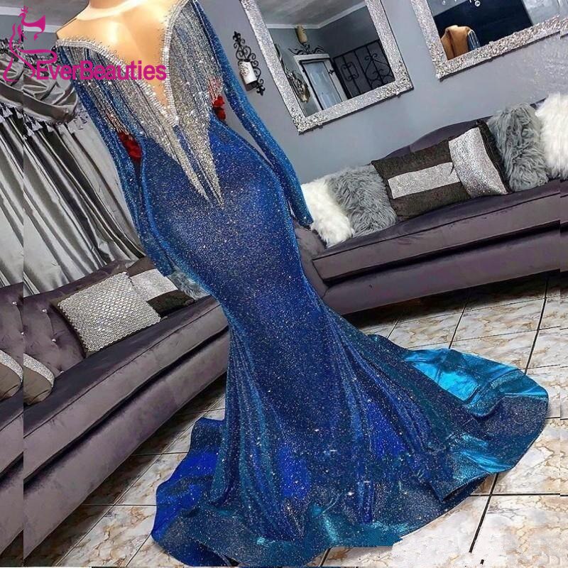 solvbao Blue Muslim Evening Dresses  Mermaid Long Sleeves Sequins Sparkle Islamic Dubai Kaftan Saudi Arabia Long Evening Gown