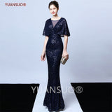 solvbao Golden Evening Dresses Mermaid Short Sleeves Sexy V Neck Evening Gown Elegant Glitter Bat Sleeves Formal Party Dress