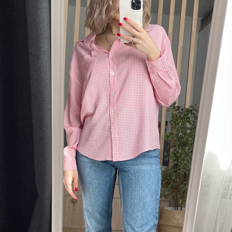 Christmas Gift  New  Women Spring Summer Blouse Shirts Plaid Fashionable Checkered Oversize Buttons Wild Sweet Pink Tops BL1023