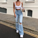 solvbao LANFUBEISI  High Street Women's Jeans Y2K High Waist Ripped Denim Jeans Straight Pants Streetwear Wide Leg Jeans Casual Loose Baggy Trousers