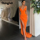 Graduation dress Sexy Prom Dresses  V-neck Satin High Split Evening Dress Saudi Arabia Mermaid Sleeveless Long Cocktail Party Gown