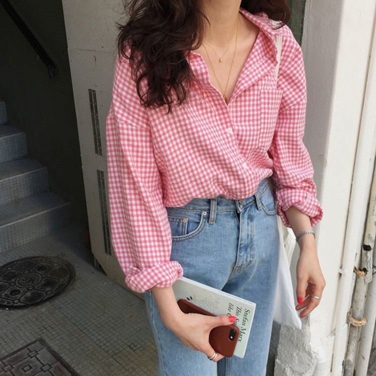 Christmas Gift  New  Women Spring Summer Blouse Shirts Plaid Fashionable Checkered Oversize Buttons Wild Sweet Pink Tops BL1023