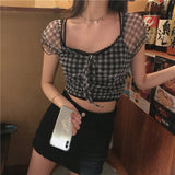 Christmas Gift  Summer New Plaid Tshirts Women Retro Square Collar Shirt Casual Lace Tees Puff Sleeve Crop Tops Female Korean Fashion