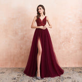 Solvbao Sexy Tulle Long Prom Dresses New Arrival Beaded Split A-Line V-Neck Special Occasion Evening Party Gown