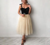 Tulle Spaghetti Prom Dresses A Line Velvet Top Sexy Girls Cocktail Dresses Tea Length Homecoming Dresses