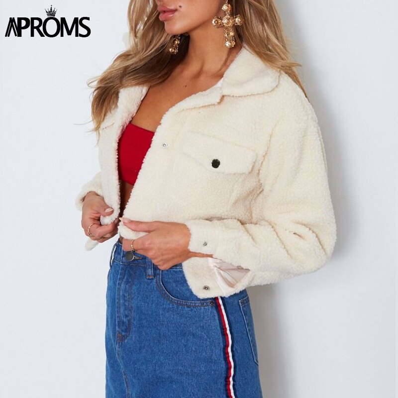 Christmas Gift Aproms Elegant Solid Color Cropped Teddy Jacket Women Front Pockets Thick Warm Coat Autumn Winter Soft Short Jackets Female