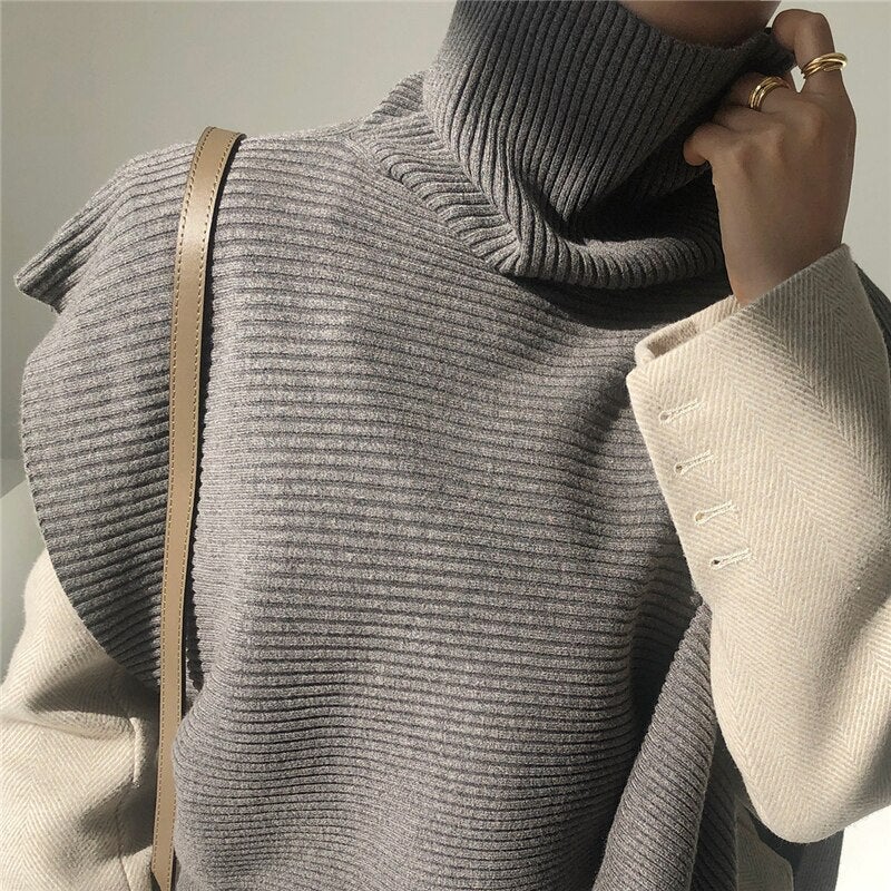 Christmas Gift  New Autumn Winter Women Sweater Sleeveless Vest Waistcoat Turtleneck Irregular Cloak Knitted Short Tops SWV3638