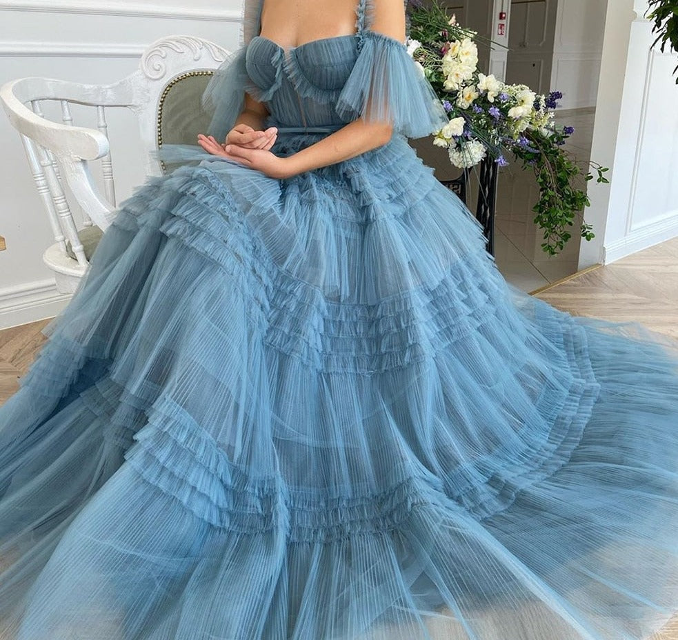 solvbao Blue Long Prom Dresses Sweetheart Crumpled Tulle Ruffles Evening Dresses Off Shoulder Tiered A-Line Party Dresses Bow Belt