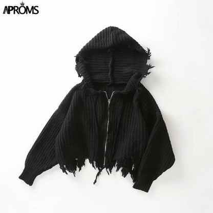 Christmas Gift Aproms Casual Tassel Hooded Knitted Sweater Women Zipper Loose Cropped Cardigans  Winter Coat Cool Gilrs Streetwear Jumper