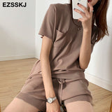 Christmas Gift  casual oversize Knitted Tracksuit  women knit camisole +shorts 2 Pieces knit Set female chic loose t-shirt + shorts suits