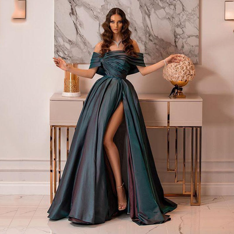 Solvbao High Side Split Satin Prom Dresses Long Evening Gowns Off The Shoulder Formal Women Dress Evening Party Wear