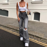 solvbao LANFUBEISI  High Street Women's Jeans Y2K High Waist Ripped Denim Jeans Straight Pants Streetwear Wide Leg Jeans Casual Loose Baggy Trousers