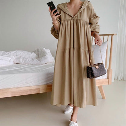 Christmas Gift  early spring simple solid cascading pleated hoodies down solid long dress simple classic retro temreprament dress  new