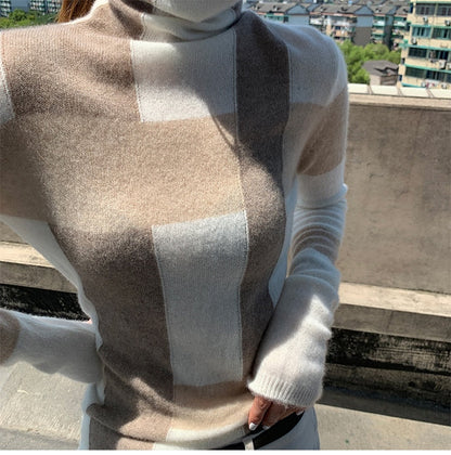 Back to college outfits Christmas Gift New Cashmere Sweater Women's High-Neck Color Matching 100% Pure Wool Pullover Fashion Plus Size Warm Knitted Bottoming Shir-A fx0615