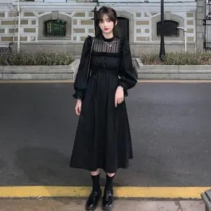 Christmas Gift  Autumn Gothic Black Lace Dress Women Casual Elegant Party Midi Ruffle Long Sleeve Dress Emo Y2k Goth Clothes